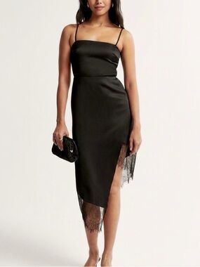 Abercrombie & Fitch Black Satin Asymmetrical Lace Midi Slip Dress